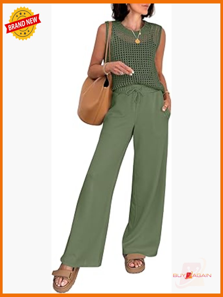 Women 2 Piece Summer Outfits Crochet Sweater Vest Wide Leg Pants Lounge